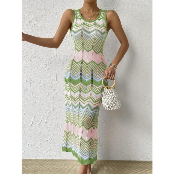 Boho Chevron Pattern Pointelle Knit Sweater Dress - Picture 1 of 6